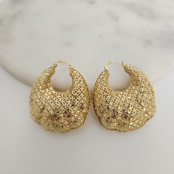 Jewelry - Textured 14K Gold Plated Crescent Mesh Statement Earrings